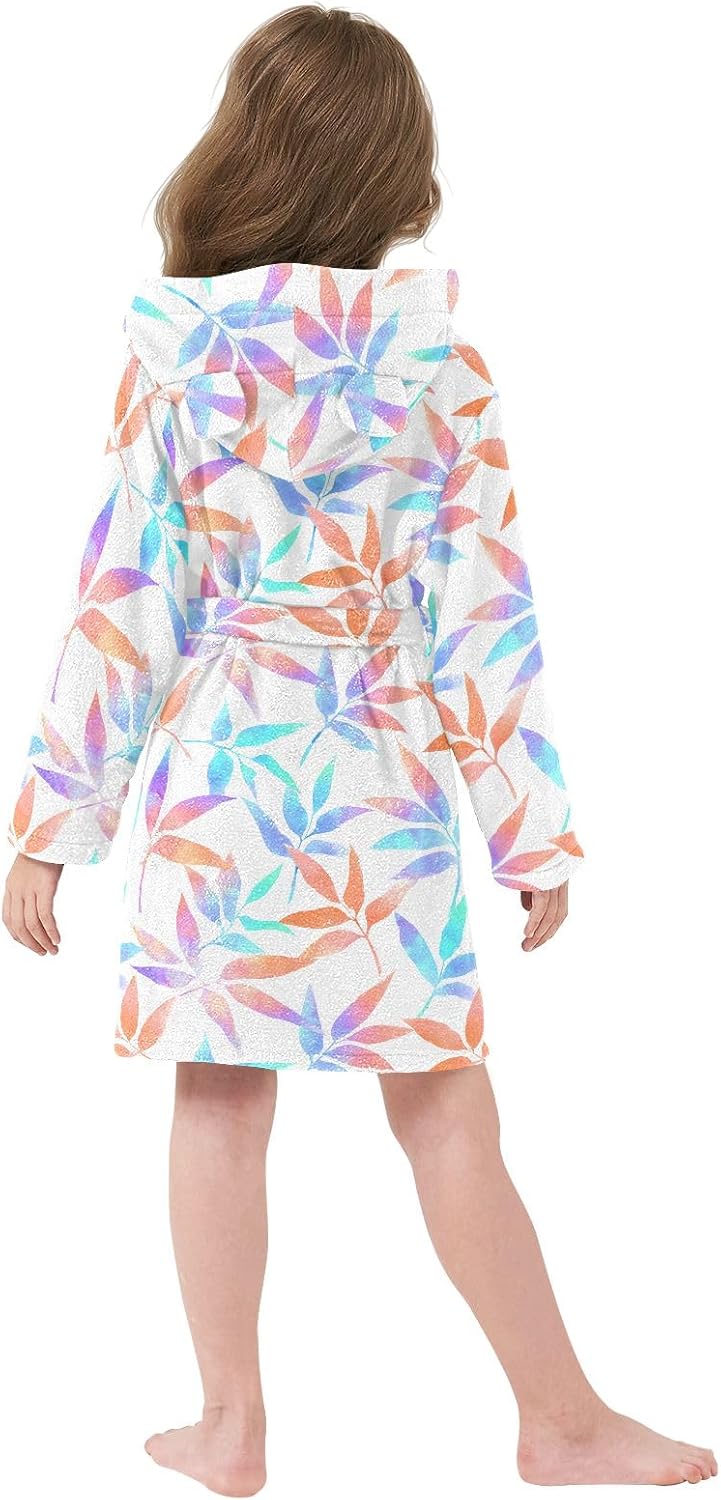 Colorful Leaves Pattern Toddler Hooded Bathrobe for Boys Girls Soft Plush Bath Towel Robe 2-12 Years