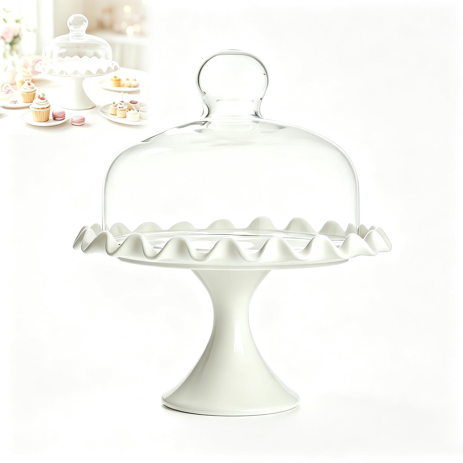 1 Set Cake Stand With Clear Dome Lid Wavy Edge Footed Cake Display Stand With Glass Cover For Cupakes Pastries Dessert Cheese Boards
