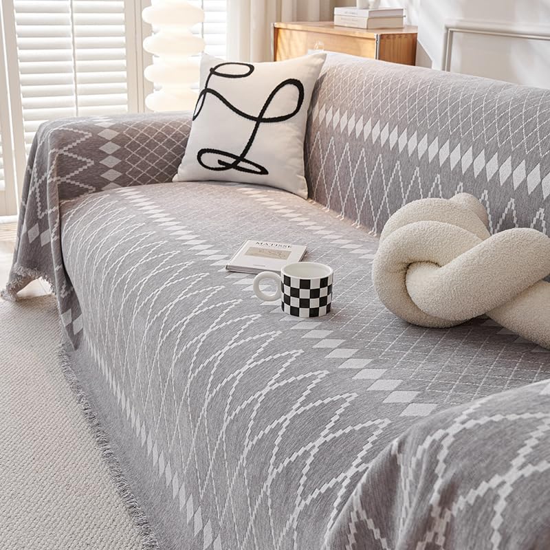 Housse de canapé antidérapante en chenille douce motif géométrique plaid universel L