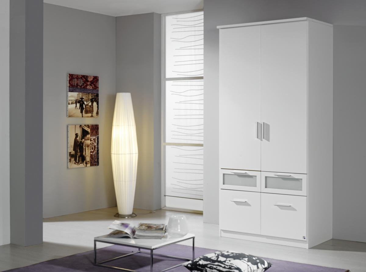 Rauch Möbel Bochum, Kleiderschrank, Farbe Weiß/Milchglas, Breite 91 cm | Schrank, 2-türig, 4 Schubladen mit Milchglasfront, für Schlafzimmer, Kinderzimmer, Homeoffice, Gästezimmer, Garderobe, Flur