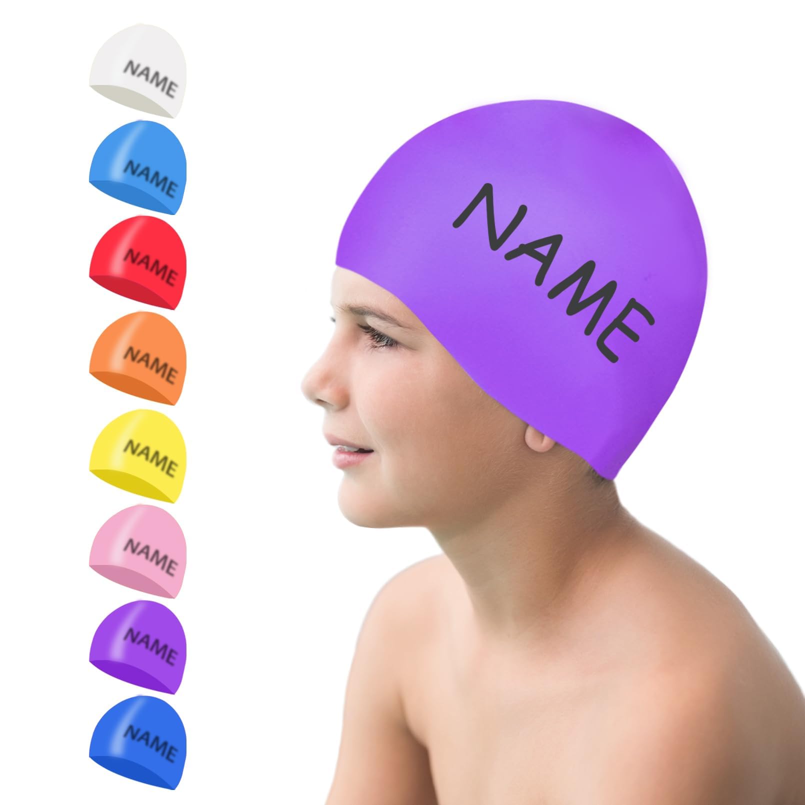 Swimming Cap Kids, Personalized Silicone Swimming Hat Kids with Name Waterproof Colorful Comfortable Anti Slip Boys Girls (Purple, S)