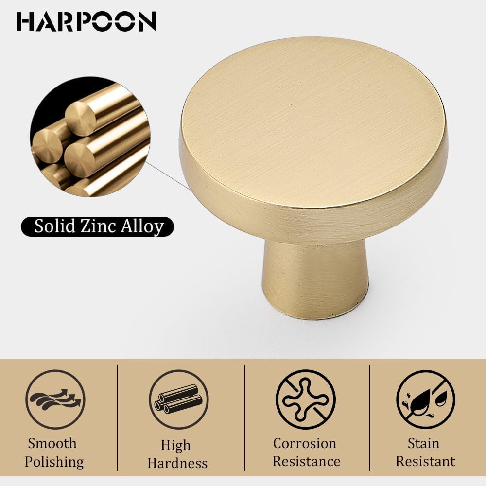 HARPOON Cabinet Knobs, Modern Pull Drawer Handle Wardrobe,Kitchen Bar Cabinet Hardware 10 Pack,1.26 inch(32mm) Brushed Brass
