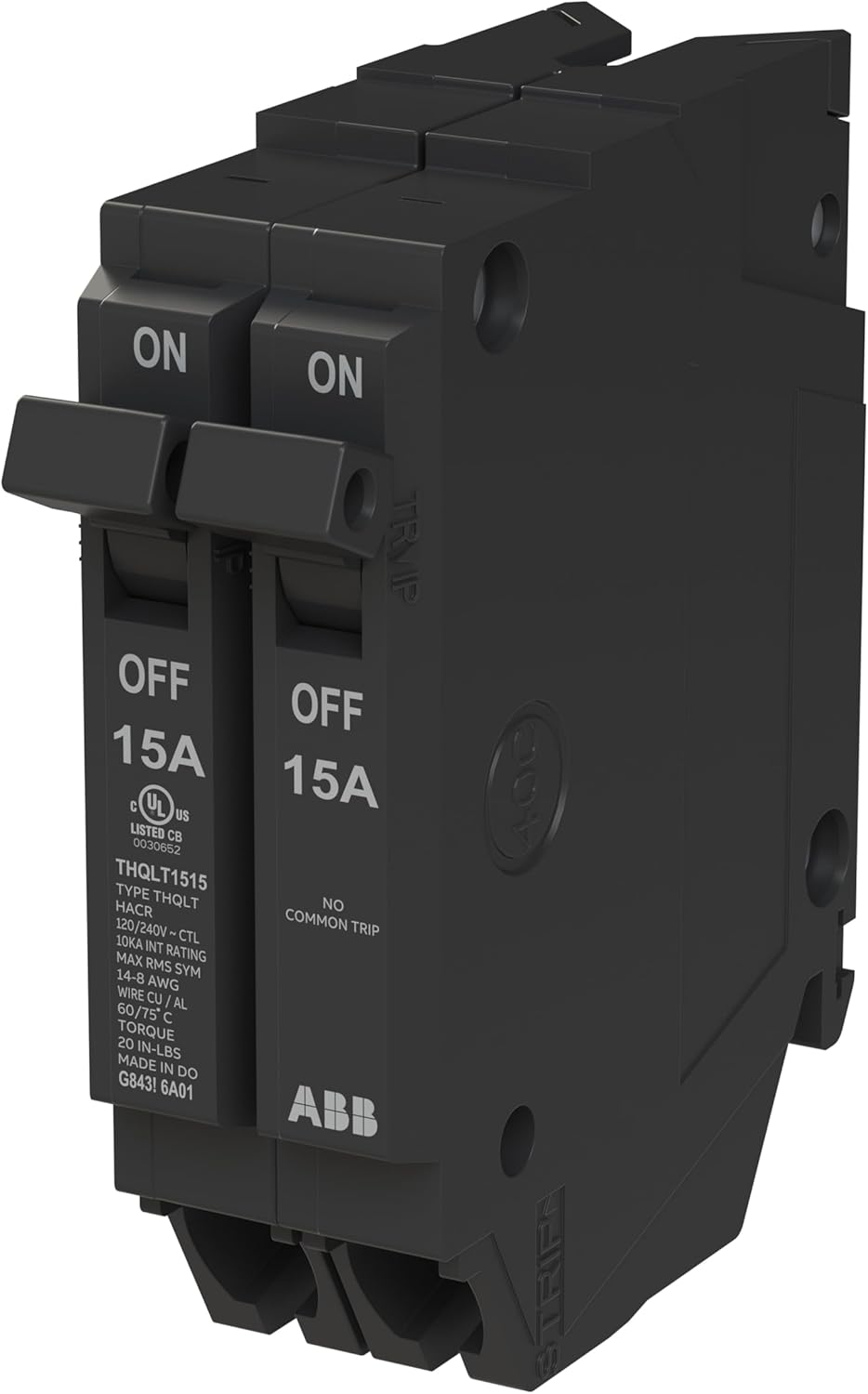 ABB Q-Line® THQLT1515 Tandem Circuit Breaker • 15A/1P, 15A/1P Configuration • 120/240 VAC • 10 kAIC Interrupt Rating • Thermal Magnetic Plug-On Breaker for Load Centers