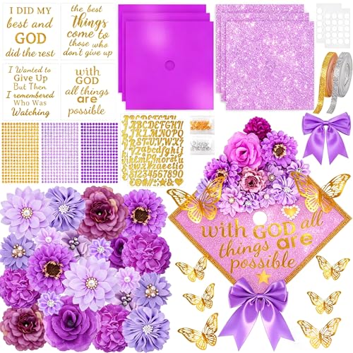 Image of ywevyezc 58Pcs Graduation Cap Decorations Grad Cap Topper Decorations kit Faux Flowers 3D Butterfly Stickers Rhinestones Stickers for Cake Photo Art DIY Graduation Party Supplies (Purple)