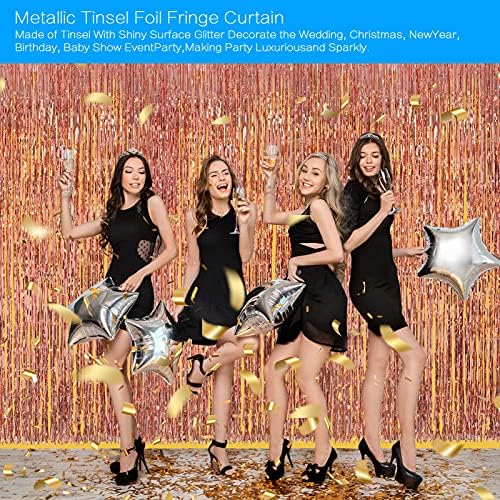 Hejo 5PCS 3.3ft x 6.6ft Rose Gold Foil Curtain, Metallic Tinsel Curtains, Foil Curtain Decorations Backdrop for Wedding, Party, Birthday, Christmas, Halloween, Bachelorette, New Year Decor