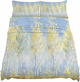 Savannan 4 Pieces California King Sheet Set, Spring Summer Forest Botanical Oil Painting Yellow Blue Bed Sheets Set Soft Bedding Elastic Deep Pocket Fitted Sheet and Pillow Cases