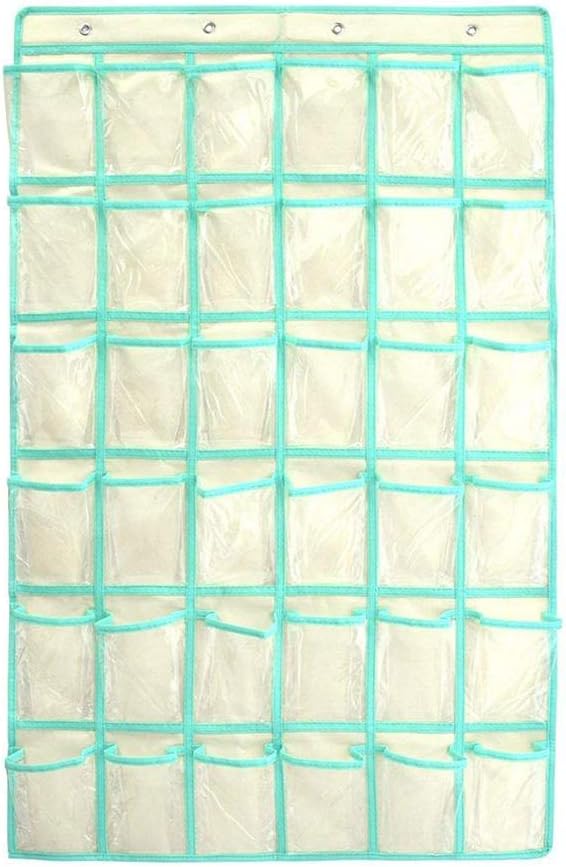 Hanging Pocket Chart Closet Underwear Sock Storage Over The Door Jewelry Foldable Organizer 36 Clear Pockets, Beige