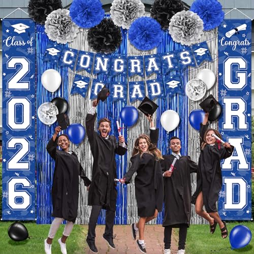 Image of Graduation Party Decorations Class of 2026, Graduation Decorations with Congrats Grad Banner Fringe Foil Curtain Paper Flower Ball Balloons for High School College Grad Party Supplies, Blue