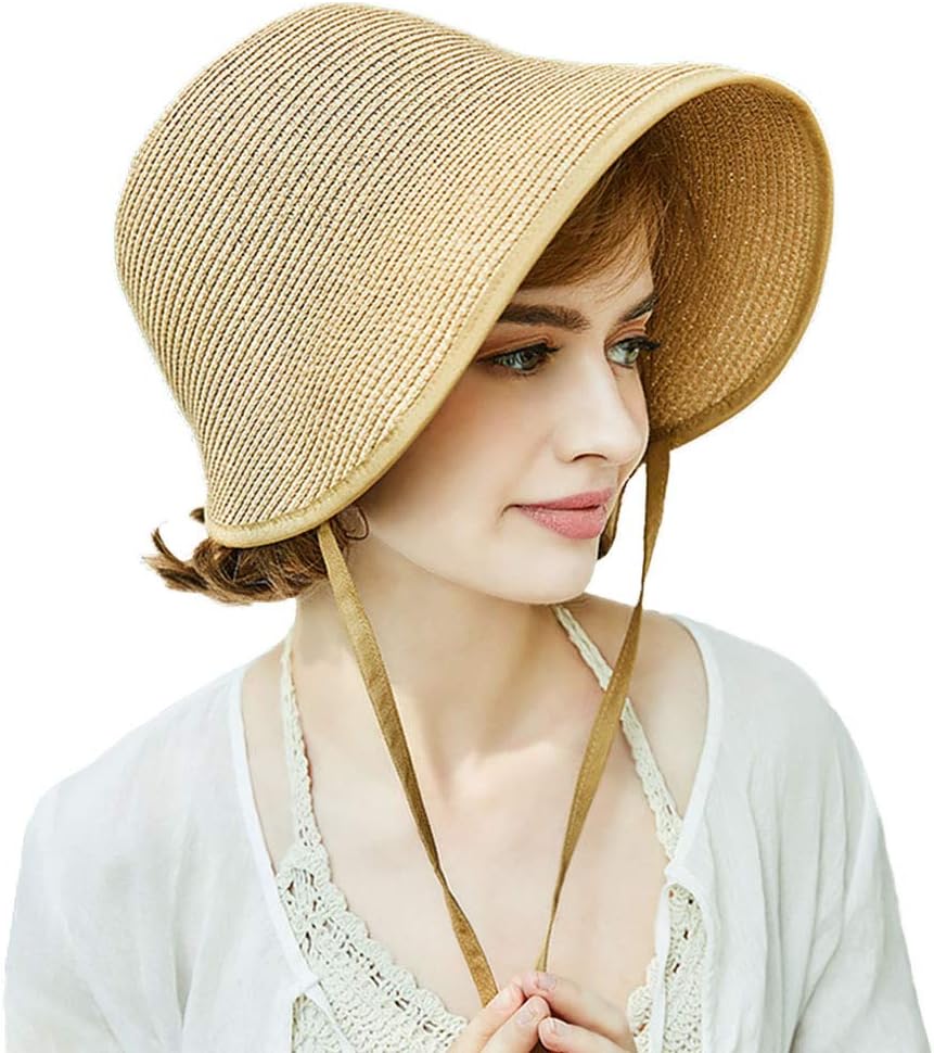 French Straw Bonnet Cap for Women Victorian Sun Hat Chin Strap Foldable