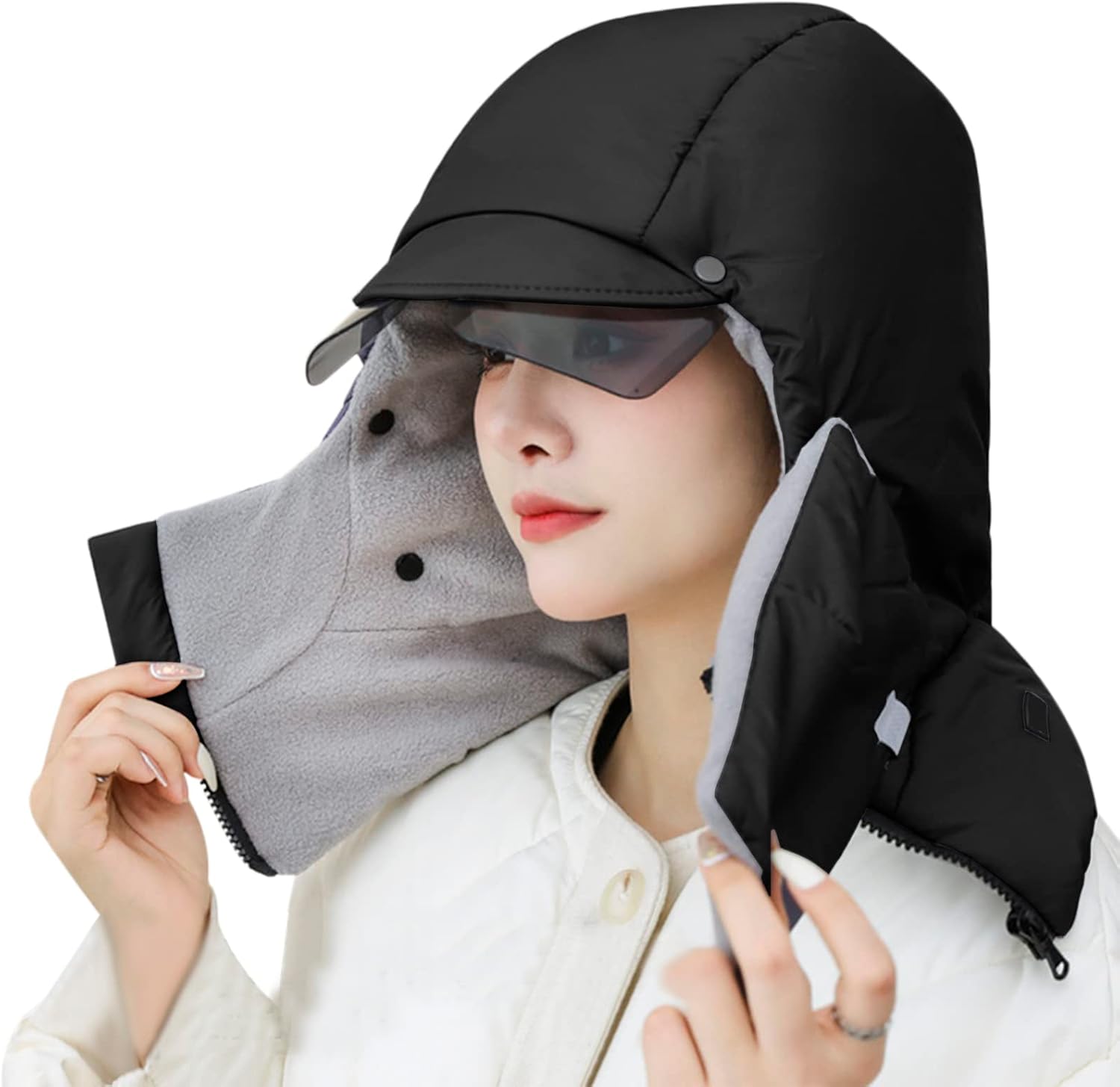 4 in 1 Ski Trapper Hat with Hooded Windproof Face Mask Thermal Plush Fleece Lined Trapper Hat Ski Cap - Image 5