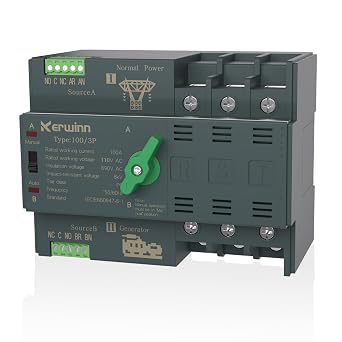 Mini ATS Automatic Transfer Switch 100 amp Manual Power Transfer Switch 110V Dual Power Electrical Selector Switches DIN Rail Mount 3P