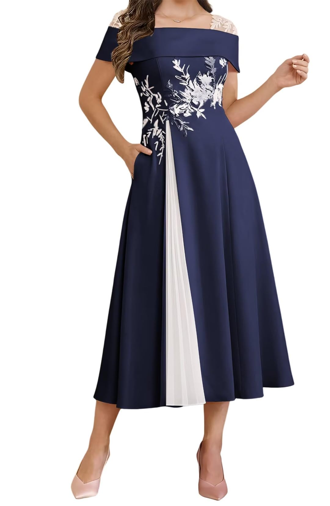 Wisiyle Women's Navy Blue Lace Applique Bridesmaid Dresses Cap Sleeve Prom Mother Of The Bride Dress A Line Wedding Formal Gowns Wql011 Uk18
