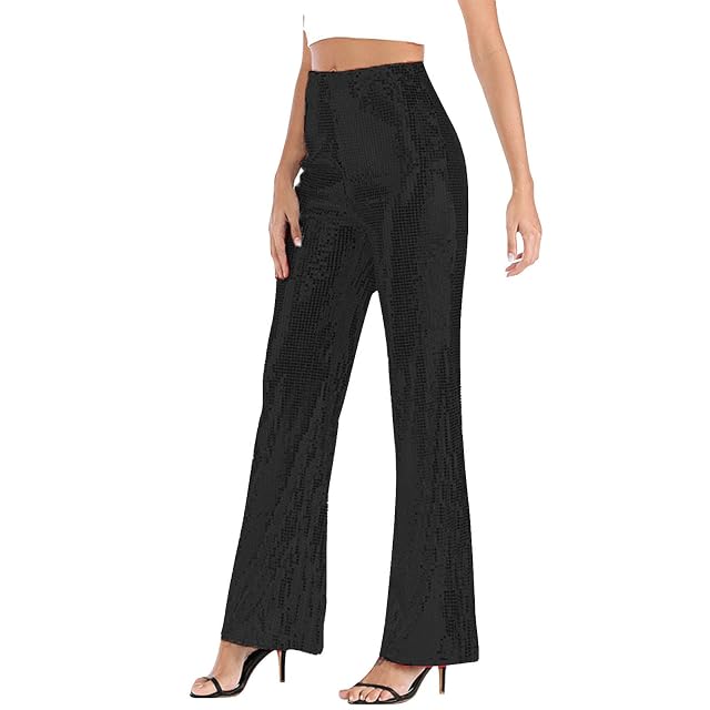 JOFOW Womens Solid Color Lined See Through Sequined Loose Flared Trousers Sexy Clubwear Pants for Women
