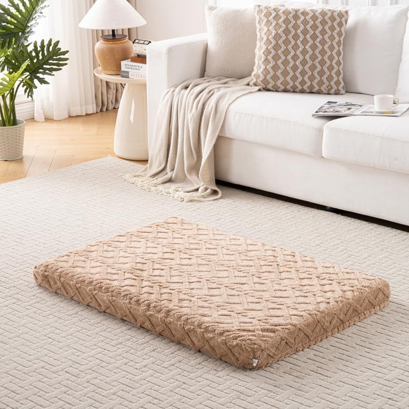 Orthopedic Memory Foam Dog Crate Pad, Medium Size, Brown Diamond Pattern, Waterproof Lining, Washable Cover for Dogs and Cats 41" L x 28" W x 3" H