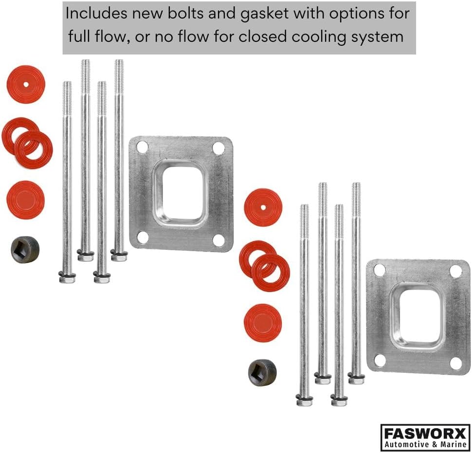 Mercruiser Set of 2 Tall Exhaust Riser Elbows with Gaskets & Bolts - Replaces 864591T02, 2002 and newer 4.3 L, 5.0L, 5.7L, 6.2L V6, V8 Engines. 14-degree, 4” outlet, Dry Joint Elbow by FASWORX