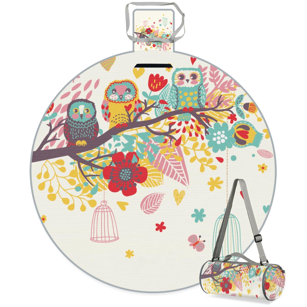 Shimoshe Colorful Twig Owl Picnic Outdoor Blanket Foldable Waterproof Sandproof Beach Blanket Portable Water-Resistant Round Picnic Mat for Travel Camping Park Lawn