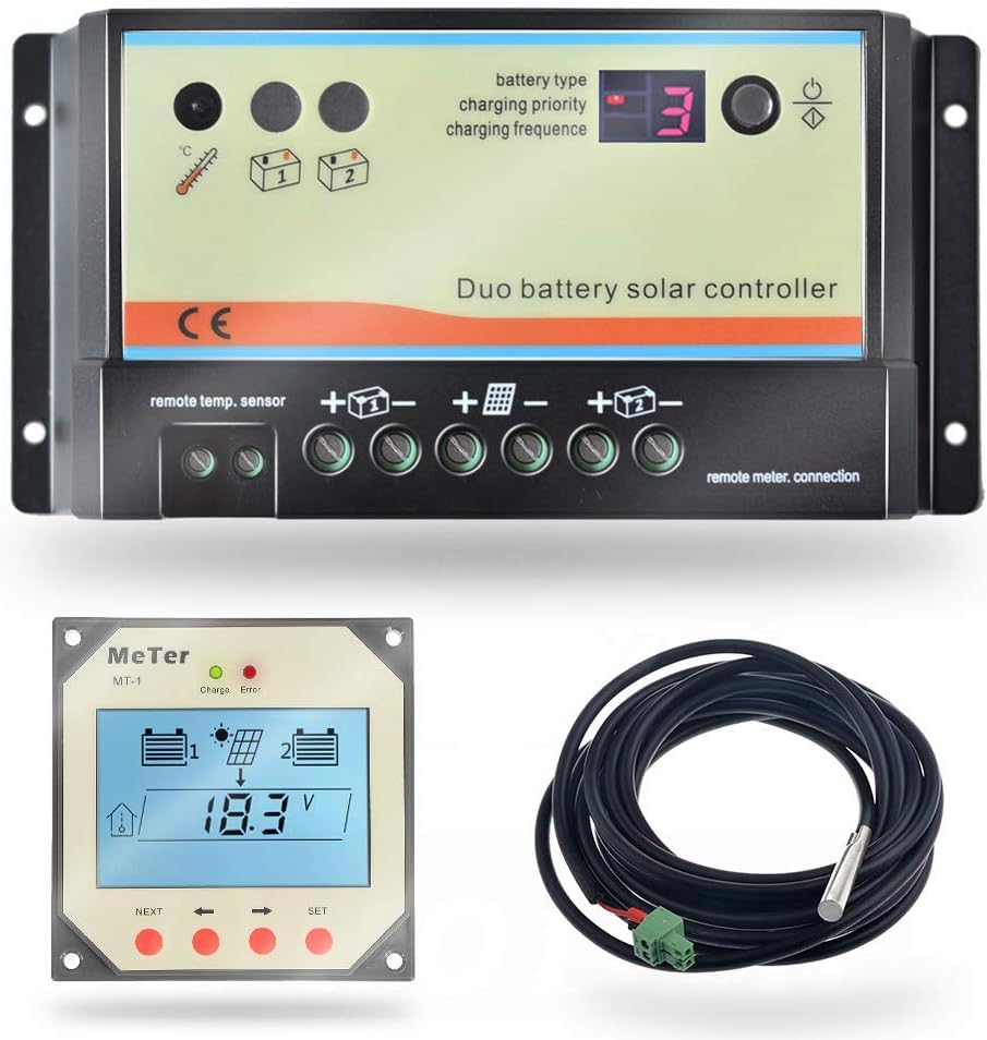 Contrôleur de charge double batterie PWM 10A, 12V / 24V automatique pour véhicules de loisirs, bateaux, caravanes, bus ou système solaire à deux batteries (DB 10A + MT1 + RTS)