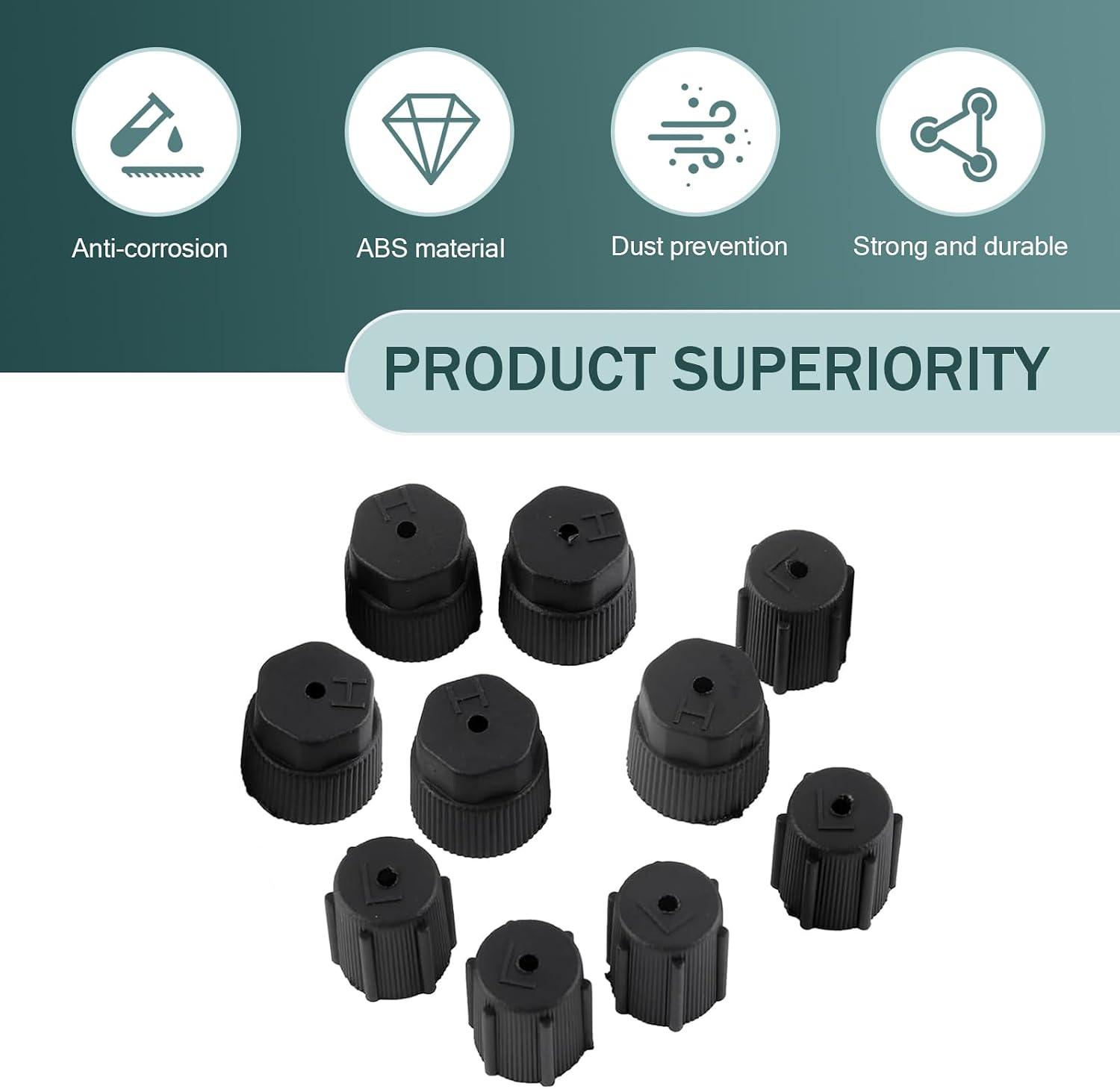 MLY 10 PCS A/C Valve Cap Kit, High & Low Pressure Port Sealing Covers, ABS Plastic Air Conditioning Service Caps, Universal Waterproof Dust Plugs for Car AC Repair and Maintenance (Black)