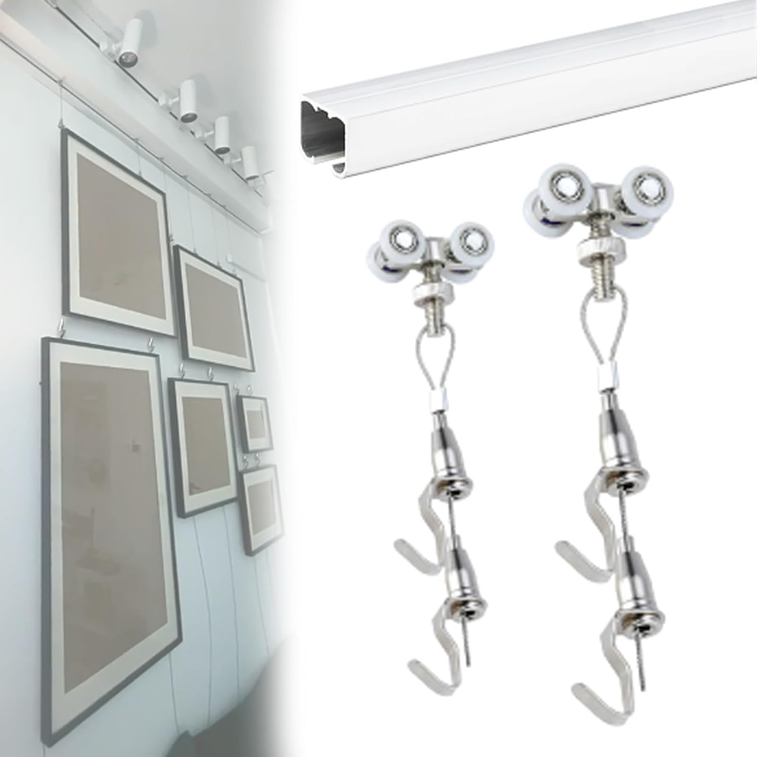 Heavy Duty Ceiling Wall Mount Art Rail System, 150cm (59.1in) Picture Hanging Track for Gallery/Library, Versatile Photo Frame Hanger, White Finish