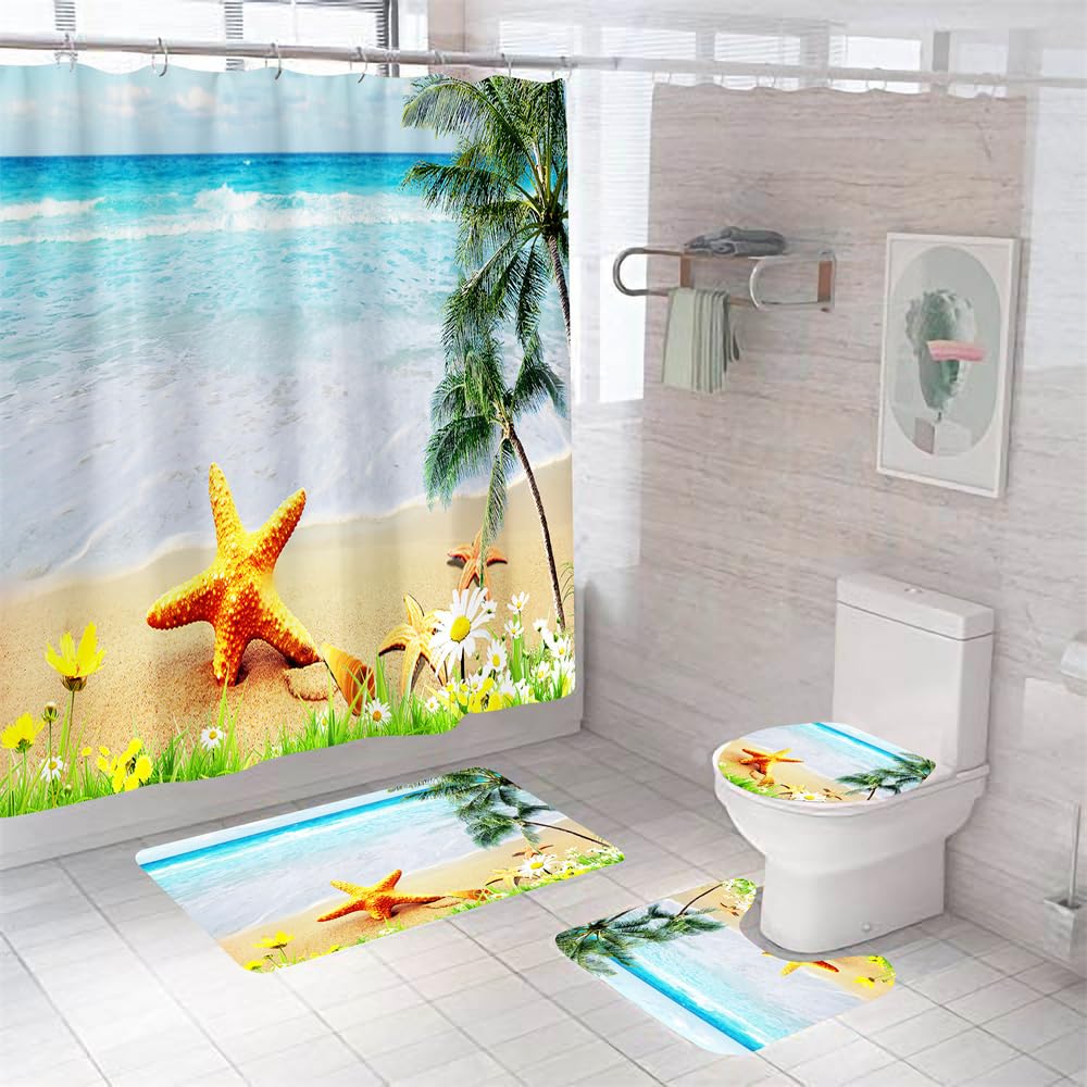 Alfombra Baño Estrellas De Mar De Playa Juego De 4 Alfombras De Baño Lavable,Alfombra Baño Secado Rapido - Alfombra De Baño*1+Tapa del Inodoro*1+ Alfombra*1 Tipo U+Cortinas De Baño180X180 50×80Cm