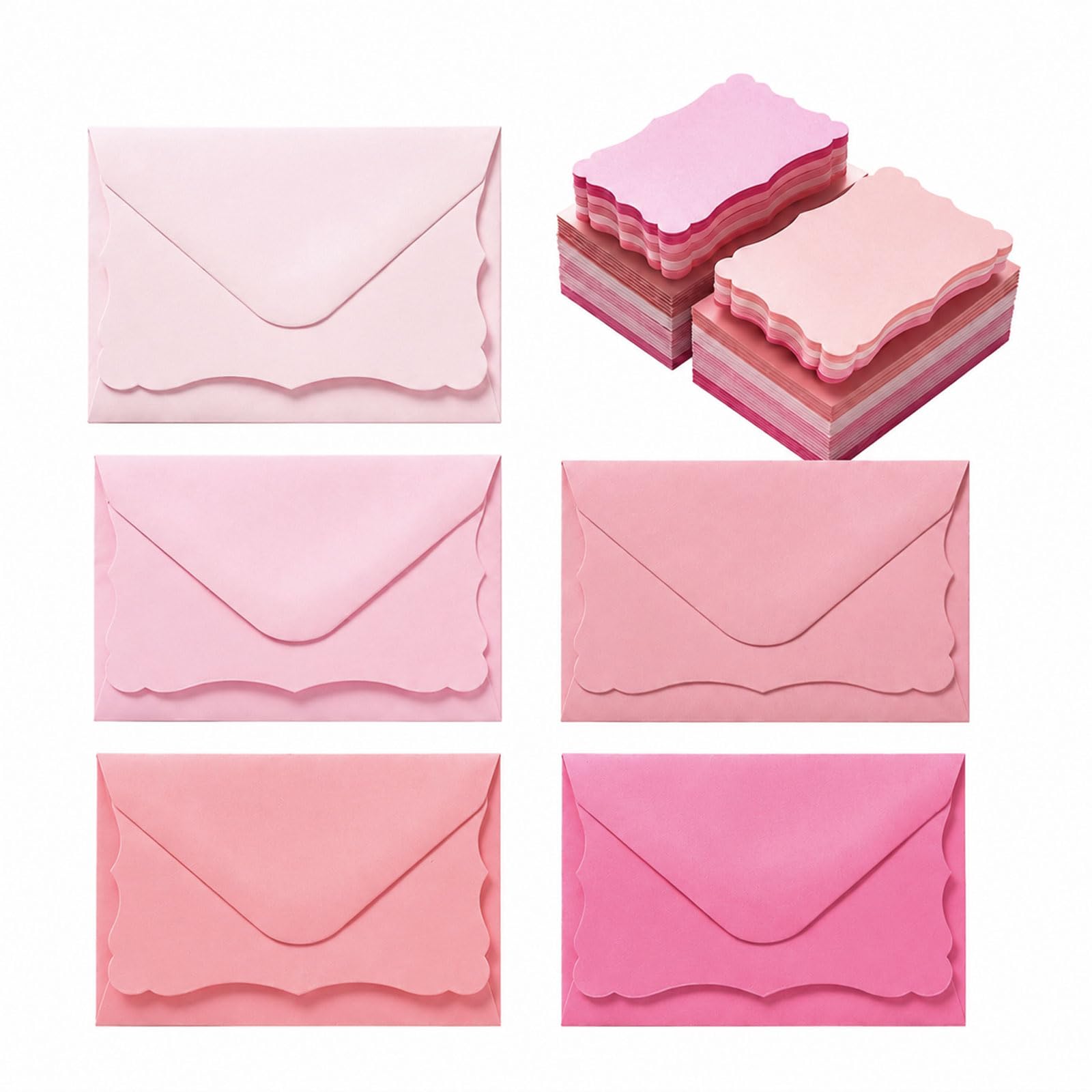 Wusejosapi 50 Set Mini Paper Envelopes, Pink Scallop Edge Envelopes, Small Greeting Card Sets for Wedding Decoration, Birthday Greetings & Baby Shower Invitations