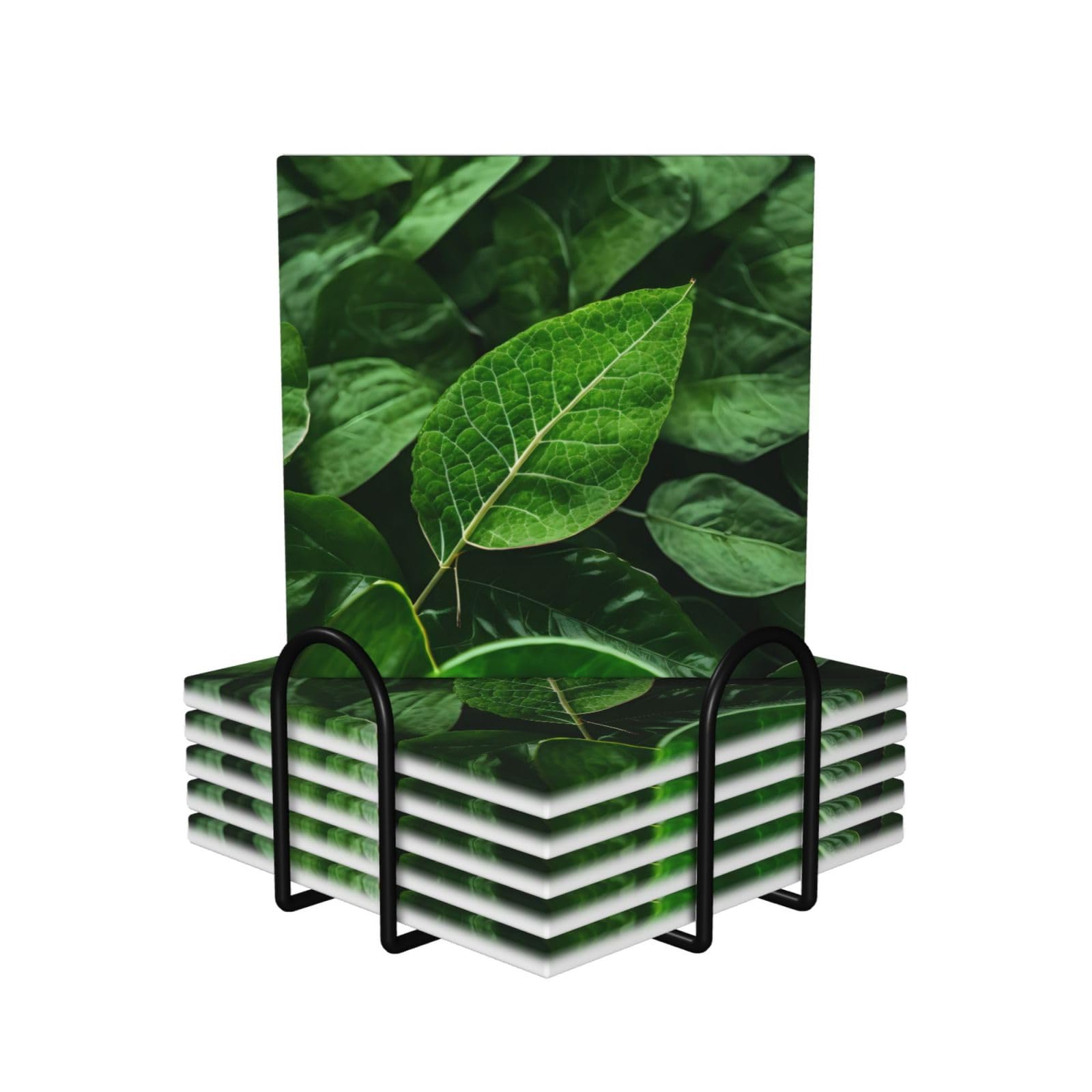 Dessous de verre en céramique lot de 6 carrés avec motif de feuille verte et liège