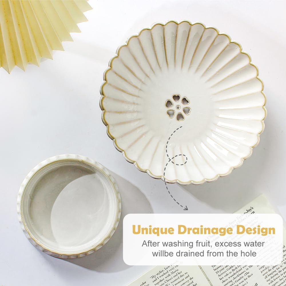 Ceramic Fruit Bowl with Draining Holes, 10" Large Fruit Basket with Multifunctional Removable Pedestal, Footed Fruit Bowl,Decorative Fruit Bowl for kitchen counter(Classci White, 9.75 inch)