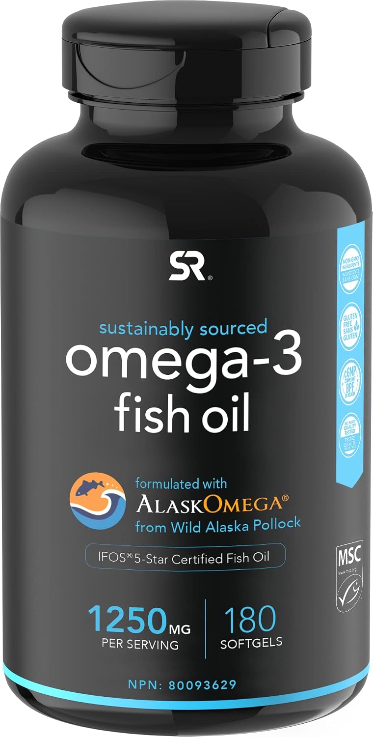 Sports Research Omega-3 Wild Alaskan Fish Oil (1250mg per Capsule) with  Triglyceride EPA \u0026 DHA | Heart Brain \u0026 Joint Support | IFOS 5 Star  Certified Non-GMO \u0026 Gluten Free - 180