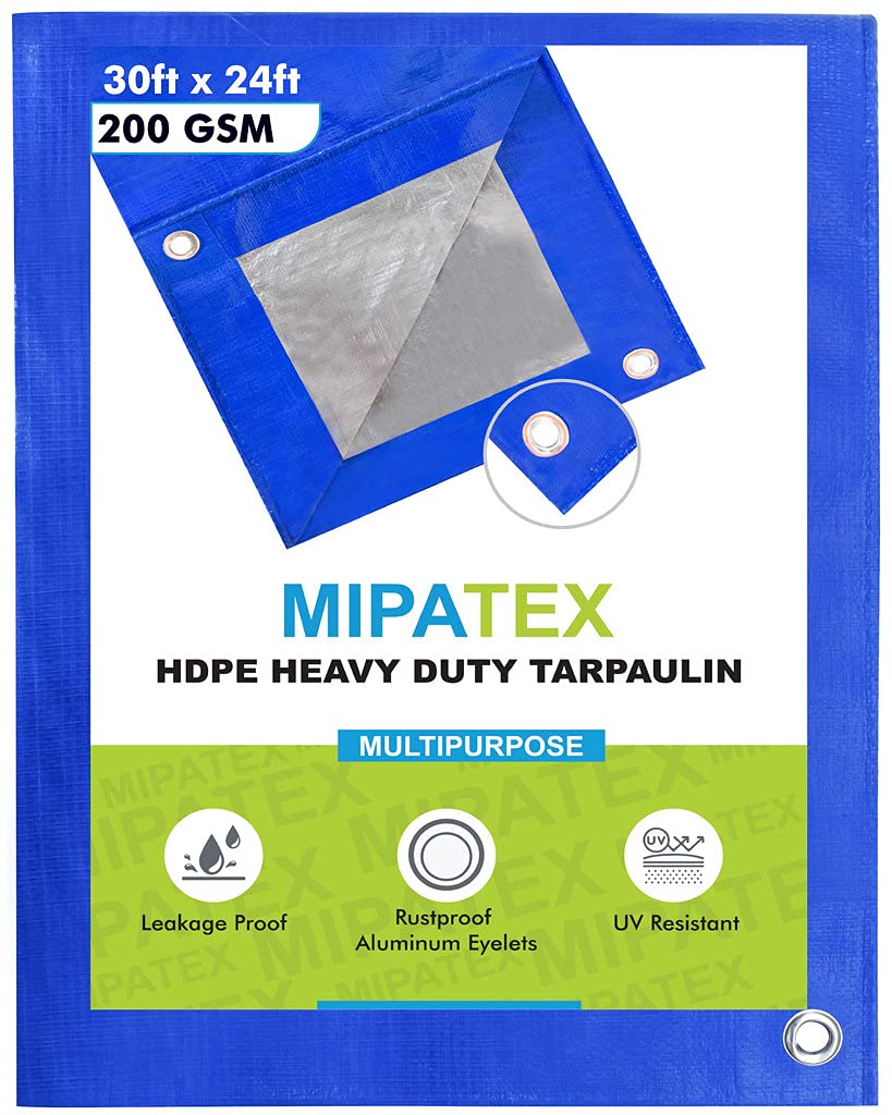 Mipatex Tarpaulin Sheet Waterproof Tirpal Heavy Duty 30ft x 24ft, Poly Tadpatri with Aluminium Eyelets Every 3 feet - Multipurpose 200 GSM Plastic Cover Tharpai for Truck, Home Roof, Rain (Blue/Silver) (B08411BLZ5) Amazon Price History, Amazon Price Tracker