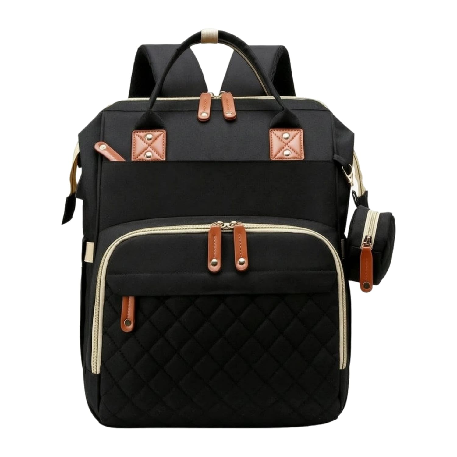 faux leather trim woven diaper backpack quilted panel | diaper backpack | leather build | available in black | combines quality craftsmanship with practicality.