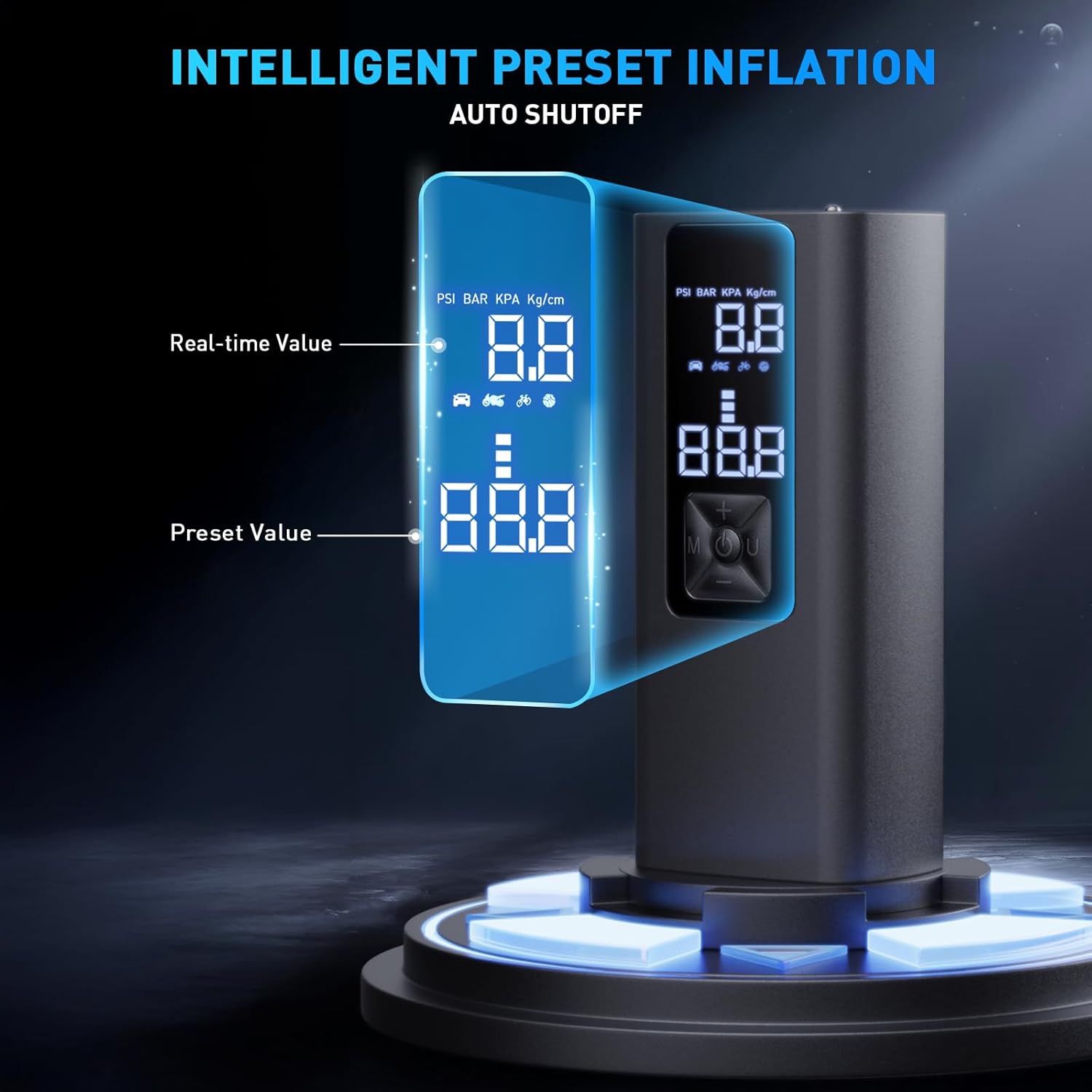 The digital LCD screen of the Veqotya AIR01 Portable Tire Inflator showing both real-time and preset pressure values, highlighting its intelligent inflation capabilities.