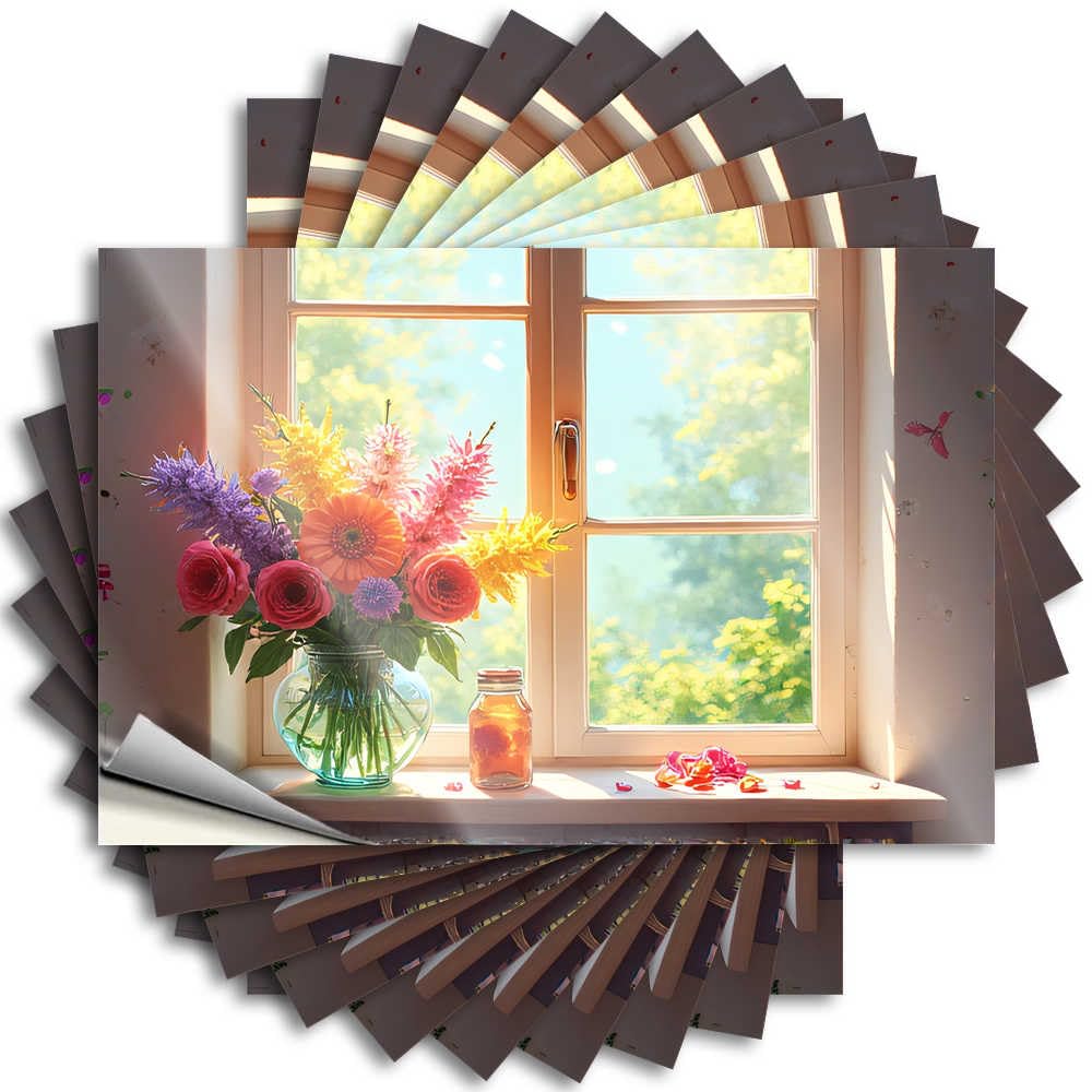 Fzfn Girls Colour Sunlit Window With Vibrant Flowers Saying Restroom Accessories | Retro Cover Removable Decal Pack(8X12cm)