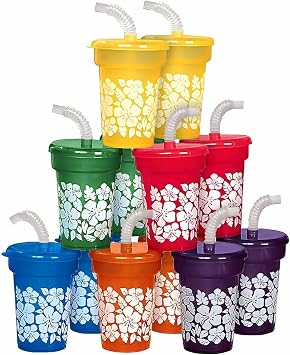 Fun Express 12 Pieces Hibiscus Print Mini Sipper Cups, Holds 6 oz, BPA Free Plastic, Party Supplies, Multi-Color