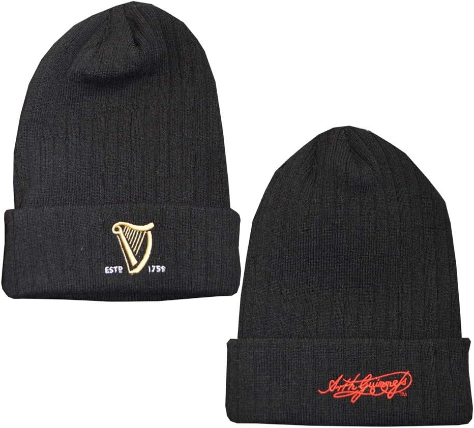 Guinness Knitted Ribbed Turn Up Beanie Hat with Embroidered Text and Signature, Black, One Size