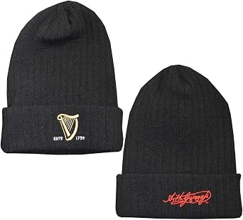 Guinness Knitted Ribbed Turn Up Beanie Hat with Embroidered Text and Signature
