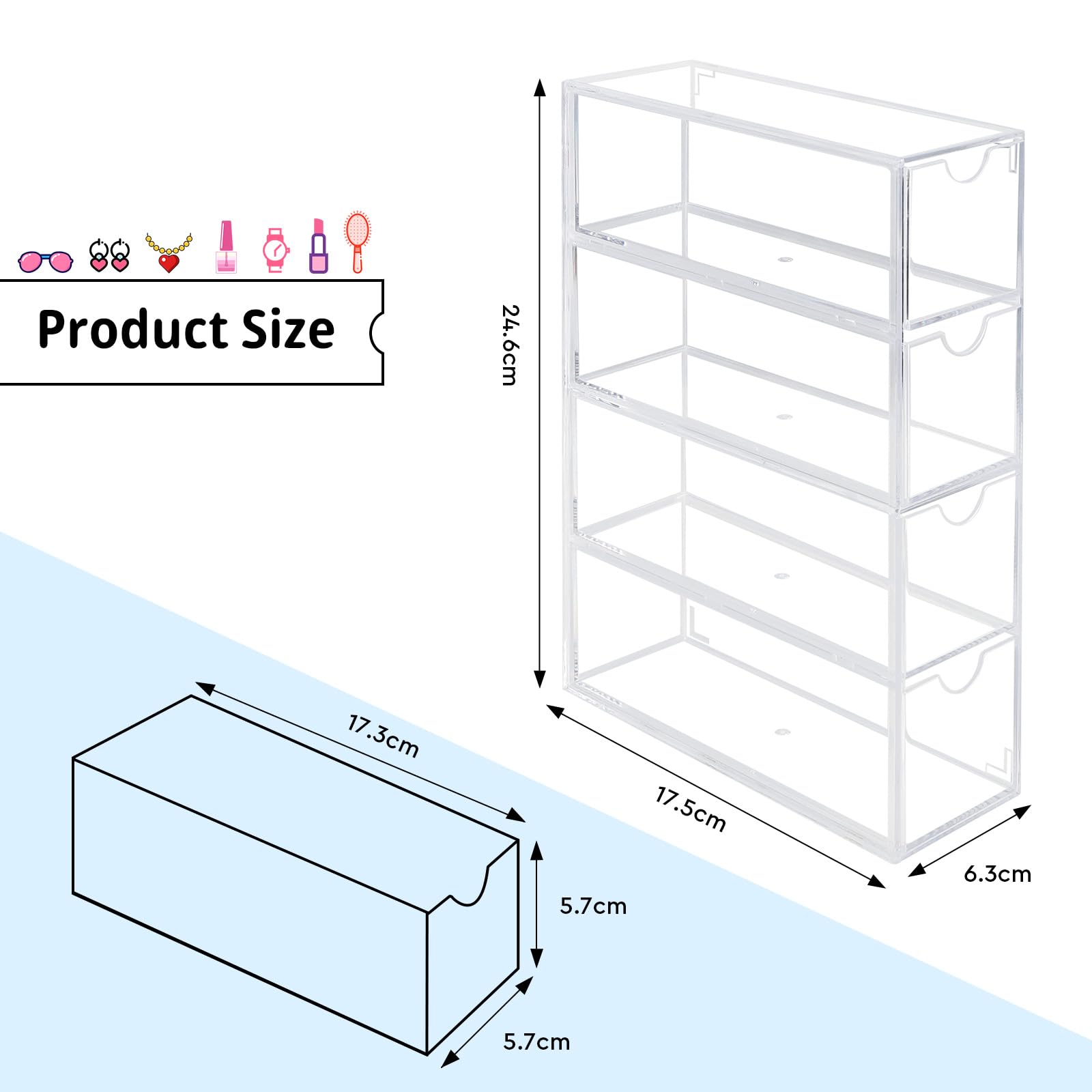 Organizzatore di Occhiali da Sole Eyeglasses Organiser Display Case Portaocchiali in Acrilico Trasparente Case 2 Pezzo con 8 Cassetti per Orologi, Collane, Occhiali e Cosmetici