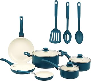 12 Piece Ceramic Nonstick Kitchen Cookware Set in Blue, Durable Aluminum Body with Heat Resistant Handles, Complete Pots and Pans Kit for Home Cooking & Restaurant Use