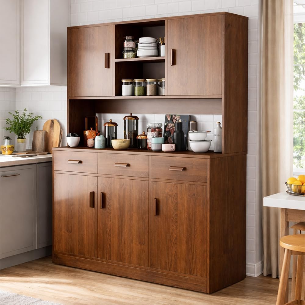 Modern Wooden Kitchen Cabinet with Hutch – Freestanding Sideboard Buffet Storage Cabinet with Drawers & Doors – Large Pantry Organizer for Dining Room, Kitchen & Living Room – Walnut Finish