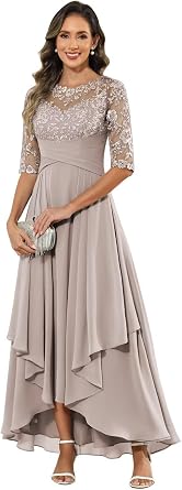 Chiffon Tea Length Mother of Bride Dresses - Lace Appliques Ruffle A Line Formal Wedding Guest Dress with Sleeve Taupe