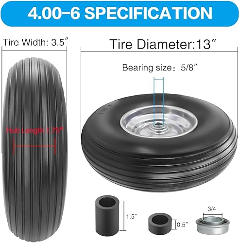 Miniatura 6 de Neumático y rueda sólidos sin planos de 13 × 4.00-6 pulgadas con rodamientos de 34 y 58 de 1.75 a 6 pulgadas para carrito de patio, carrito de