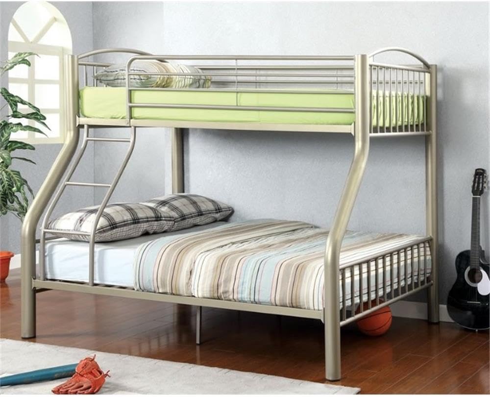 BOWERY HILL Contemporary Twin Over Full Metal Bunk Bed, Metallic Gold Finish, Movable Ladder, Safety Rails, Sturdy Steel Frame, 79.38 x 57.13 x 65.13 in, Bedroom Furniture for Kids or Guest Room