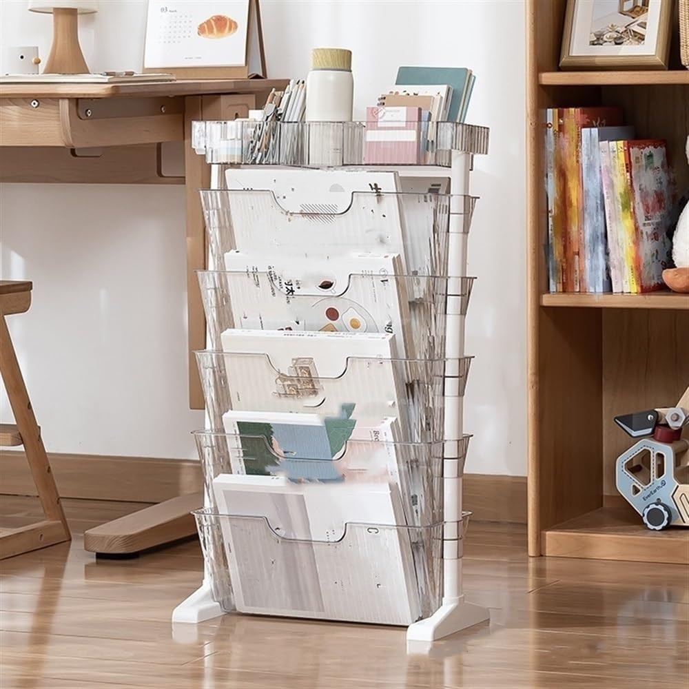 Cabinet, 6-Tier Transparent Bookshelf on Wheels Magazine Mobile Book Cart Organizer Bookshelf for Office School and Home Organization(White)