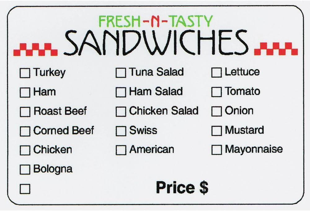 HUBERT® Fresh-N-Tasty Sandwich Check-Off Food Packaging Labels - 3" L x 2" H 500 per Roll