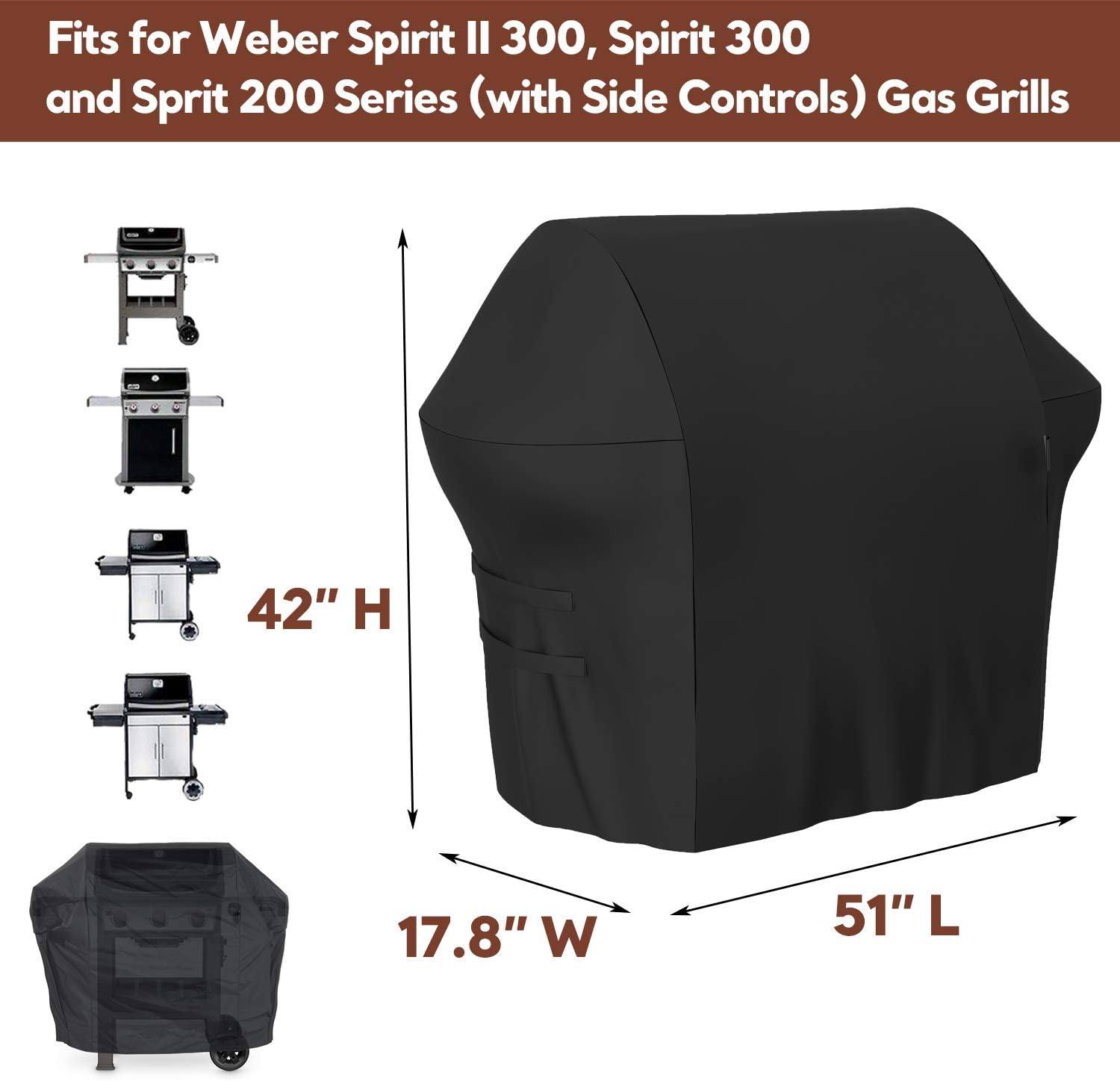 Uniflasy 7139 Grill Cover for Weber Spirit II 300, Spirit 300 and Spirit 200 Series Gas Grill with Side Mounted Controls, 51 inches Heavy Duty Outdoor BBQ Cover for Weber Spirit II 310/E310/330/E330