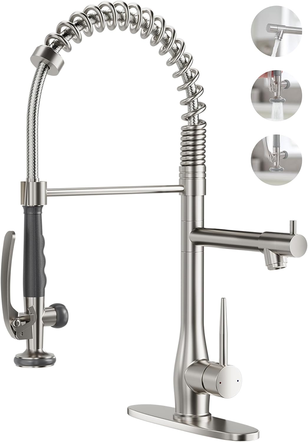 Kitchen Faucet with Pull Down Sprayer Single Handle Brushed Nickel Commercial Kitchen Sink Faucet High Pressure Double-Headed Stainless Steel Kitchen Faucets Fit for 1 or 3 Holes