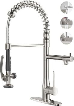 Single Handle Kitchen Sink Faucet with Pull Down Sprayer | Brushed Nickel,Stainless Steel,High Pressure,Commercial Kitchen Faucet,Suitable for 1 or 3 Holes,High-pressure,Dual Outlets