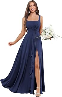 Chiffon Bridesmaid Dresses for Women Square Neck A Line Pleated Long Formal Evening Gown with Slit