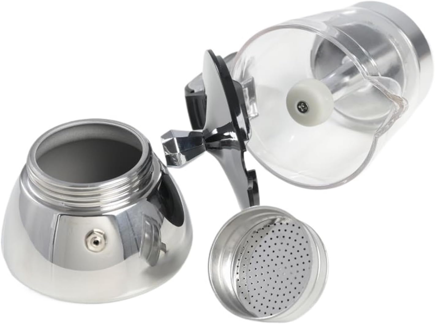 4/6 See-Through Stainless Moka Pot. Unique Clear Resin Body, 430 Base. Home/Office/Camping Use. Works On Induction & Gas(6cups)