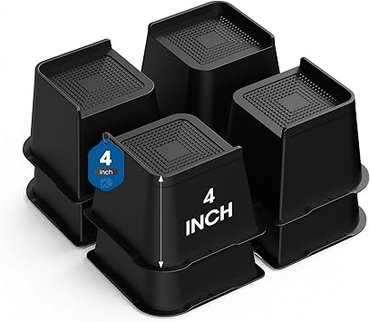Bed Risers 2 inch, 3 inch, 4 inch, 6 inch or 8 inch Heavy Duty Furniture Risers, Up to 6000 Lbs L Shaped Design Bed Lifts Blocks for Couch Desk Sofa Table Black, 4 Inch 8 Pack