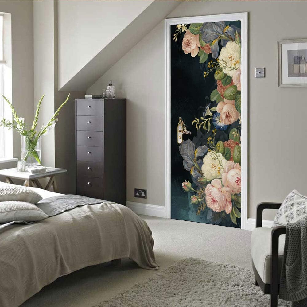 3D Wall Stickers - Flower Peel & Stick Murals - Self-Adhesive Removable PVC Waterproof Door Poster - 33.9" x 78.7" for Bedroom & Living Room